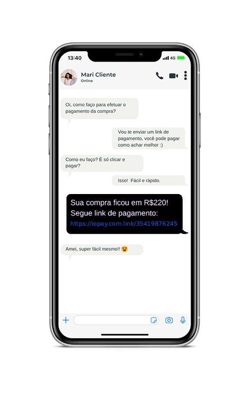 Link de pagamento IOPAY compartilhado em uma conversa no celular